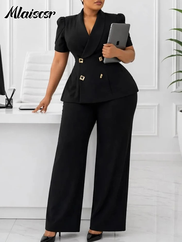 Tailleur Femme 2 Pièces Blazer Manches Bouffantes + Pantalon Large Bureau – CLEVI Paris