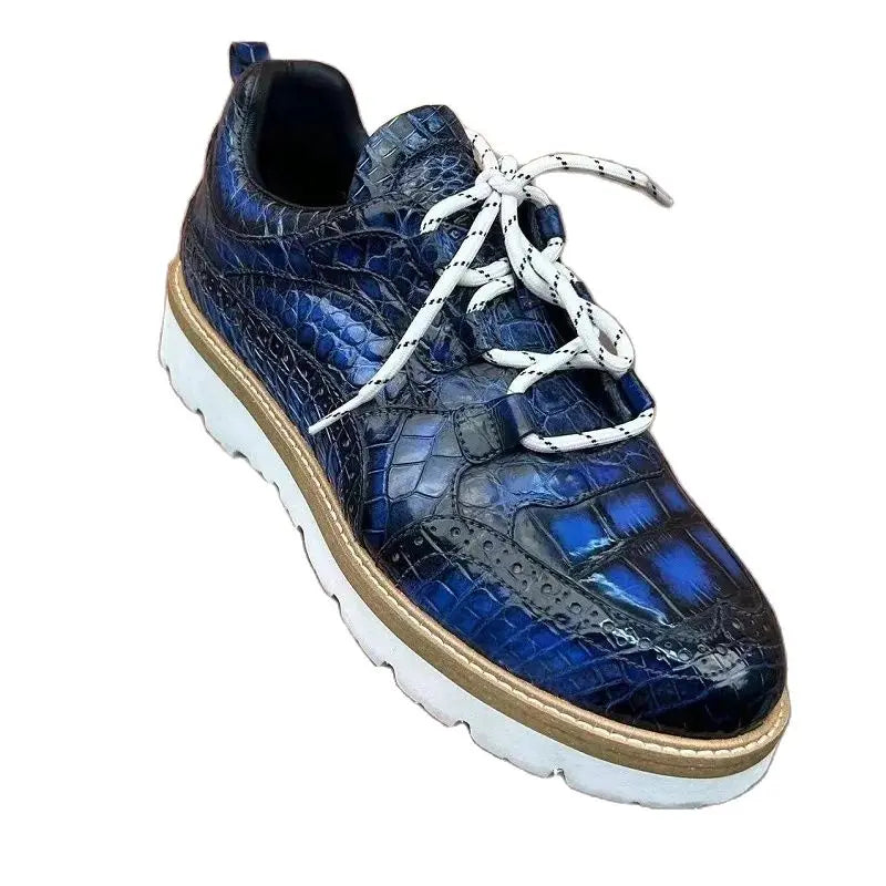 Sneakers Cuir Crocodile Homme Bout Rond Lacets Bleu – CLEVI Paris