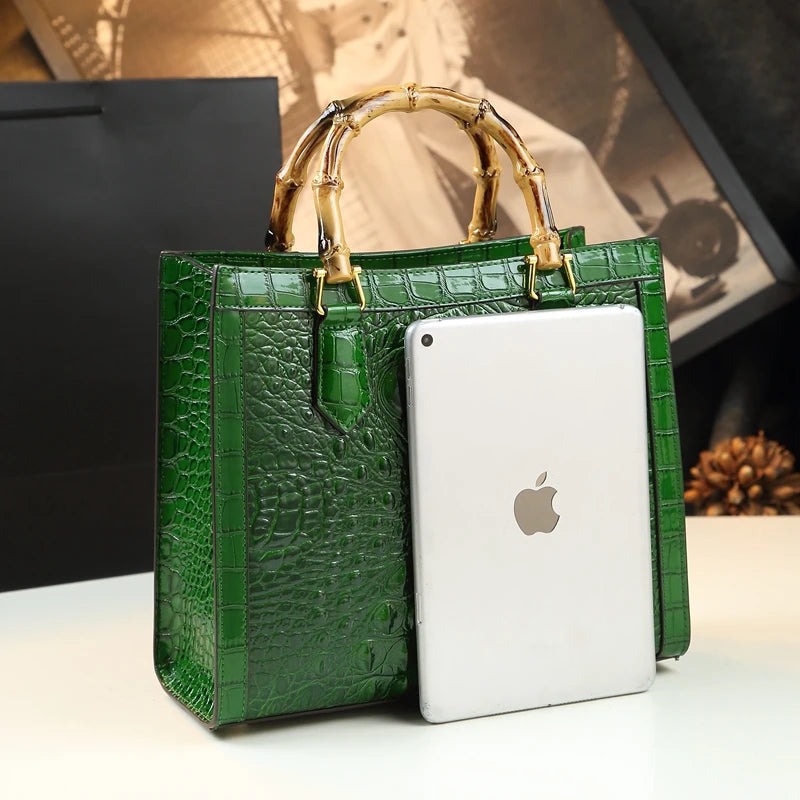 Sac à Main Femme Cuir Véritable Motif Crocodile Anse Bambou Business 4 Coloris – CLEVI Paris