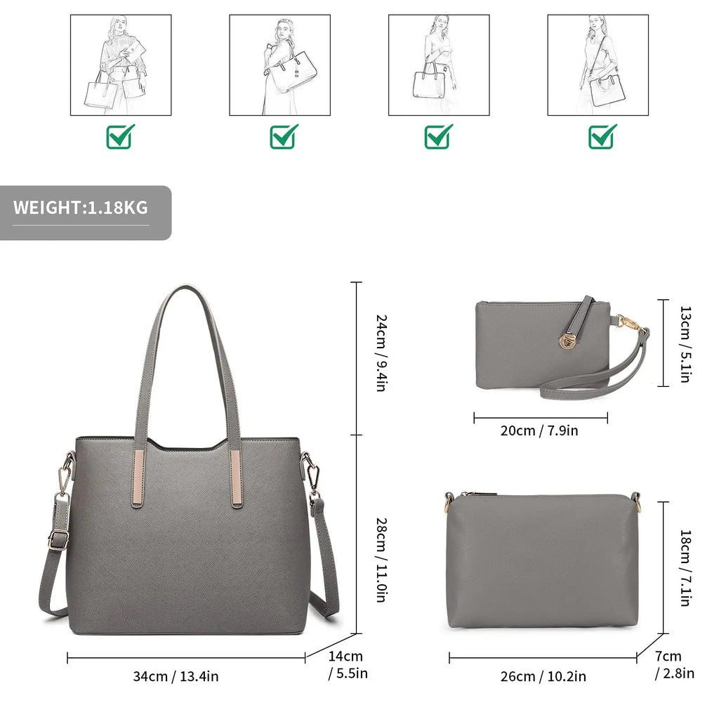 Coffret 3 Sacs Femme PU Synthétique Tote 34cm + Épaule + Pochette – CLEVI Paris