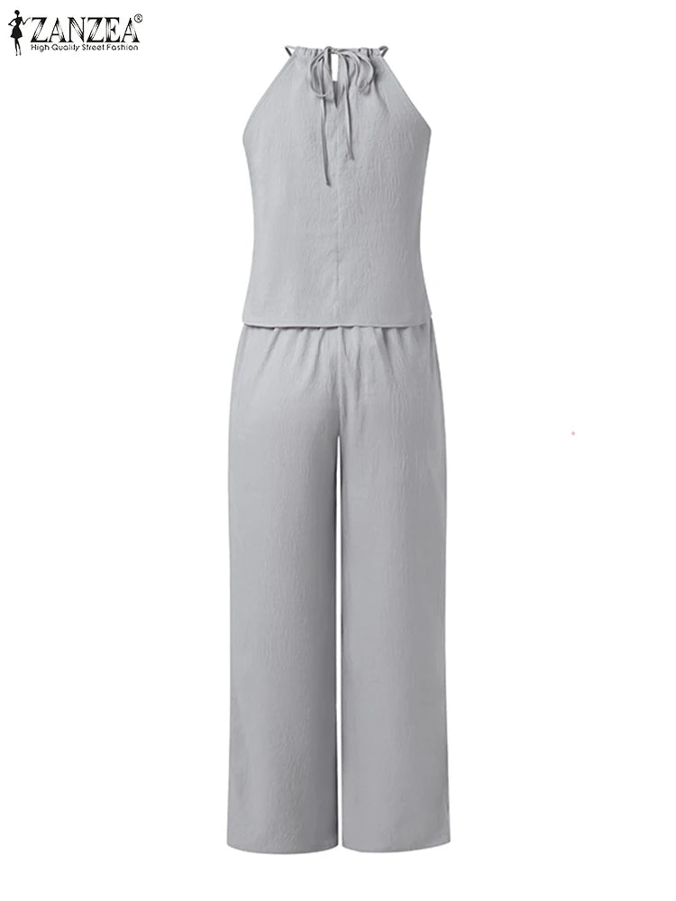 Ensemble 2 Pièces Femme Top Halter Sans Manches Lacé Tissu Froissé + Pantalon Droit Taille Mi-Haute Élastique Streetwear Casual 6 Coloris – CLEVI Paris