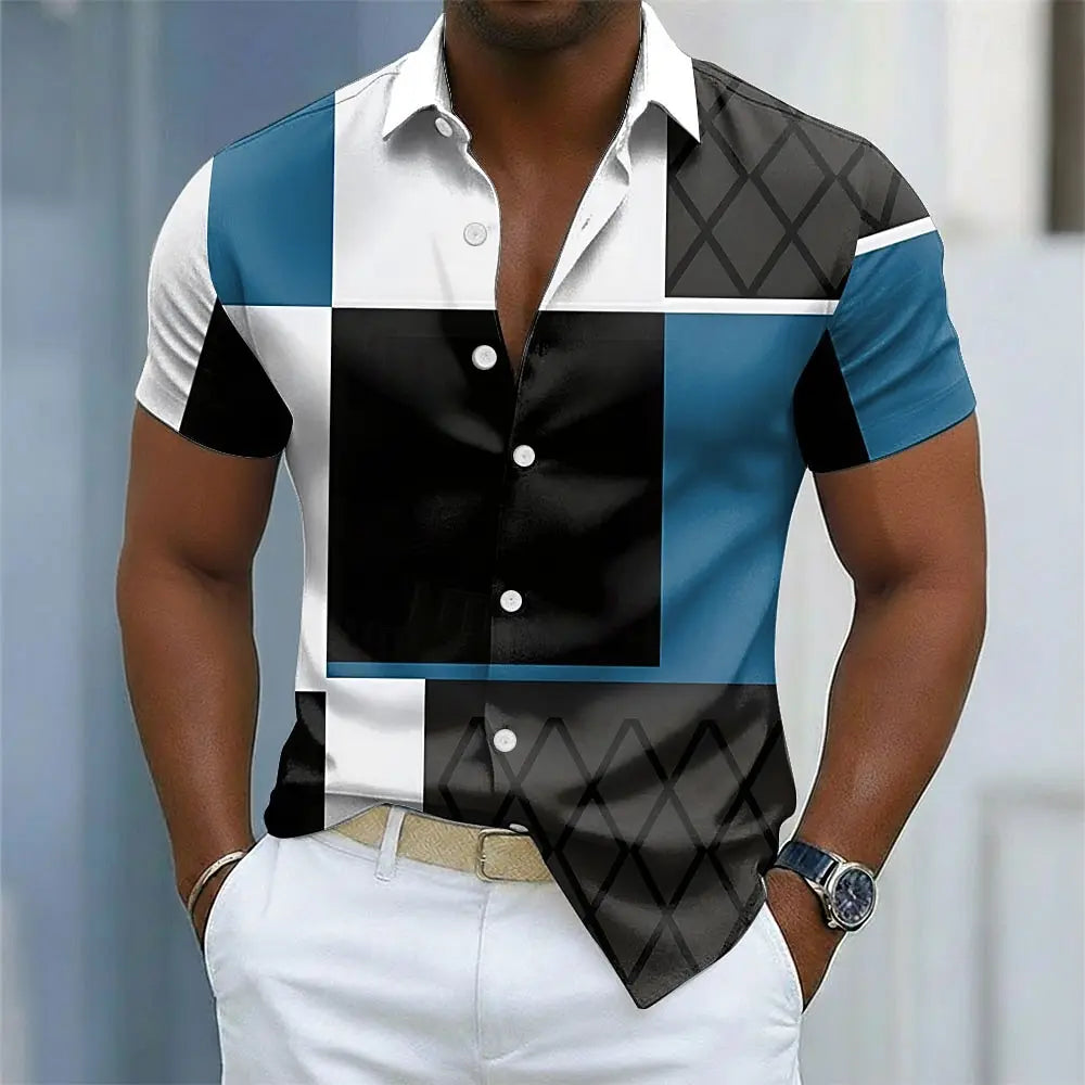 Chemise Homme Casual Manches Courtes Imprimé 3D Color Block Streetwear Été – CLEVI Paris