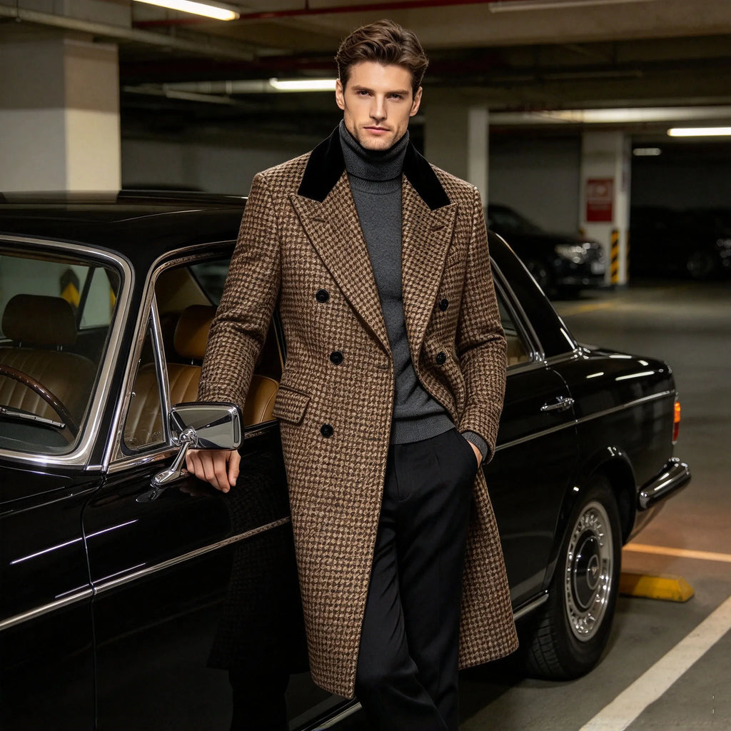 Manteau long homme pied-de-poule croisé – CLEVI Paris