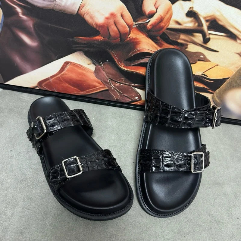 Sandales noires en cuir de crocodile réglables – CLEVI Paris