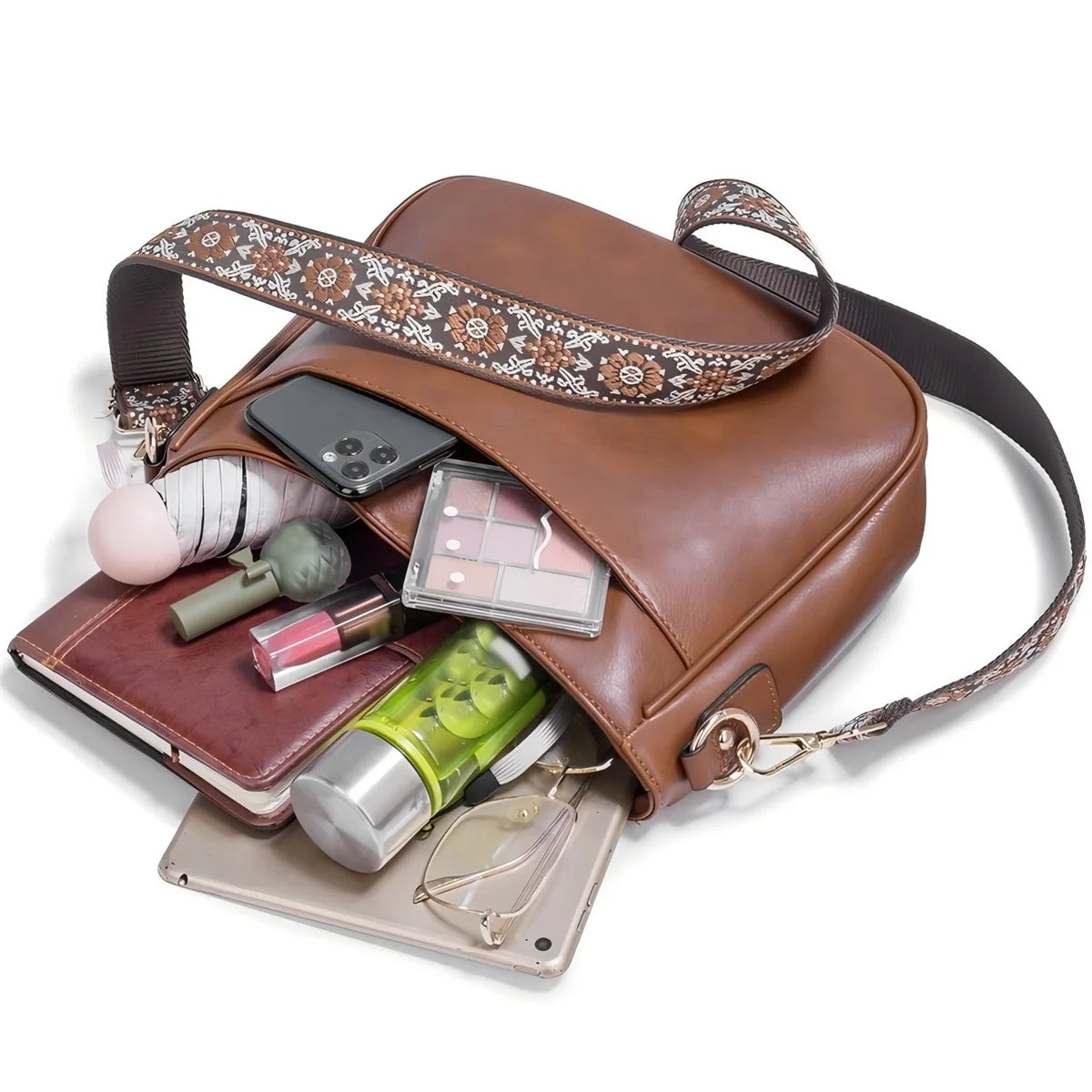 Sac à Main Femme Cuir Écologique Marron Quincaillerie Dorée Bandoulière Réglable – CLEVI Paris