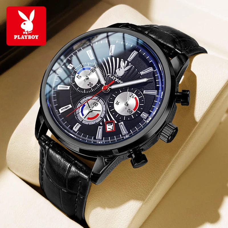 PLAYBOY 3305 Montre Homme Quartz Chronographe Calendrier Cuir 40mm 30M – CLEVI Paris