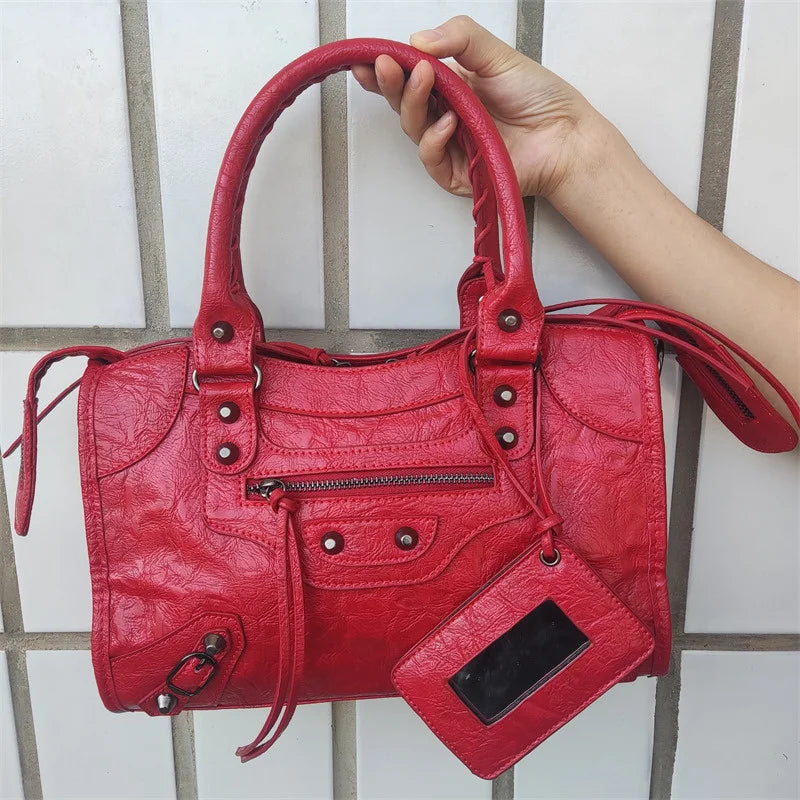 Sac À Main PU Froissé Rivets Femme Miroir & Pompon 4 Tailles – CLEVI Paris