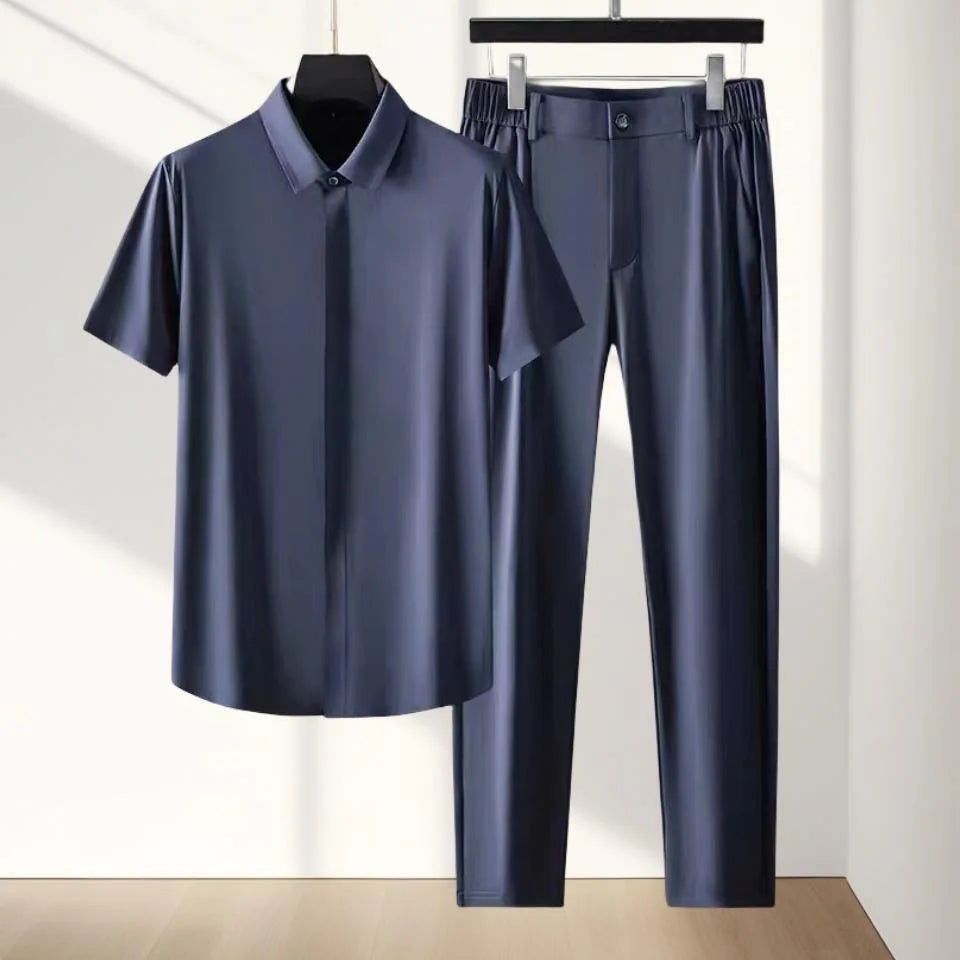 Ensemble 2 Pièces Homme T-shirt Col V Ice Silk + Pantalon Long Été Grande Taille KOLMAKOV – Bleu Marine & Gris, M à 5XL – CLEVI Paris