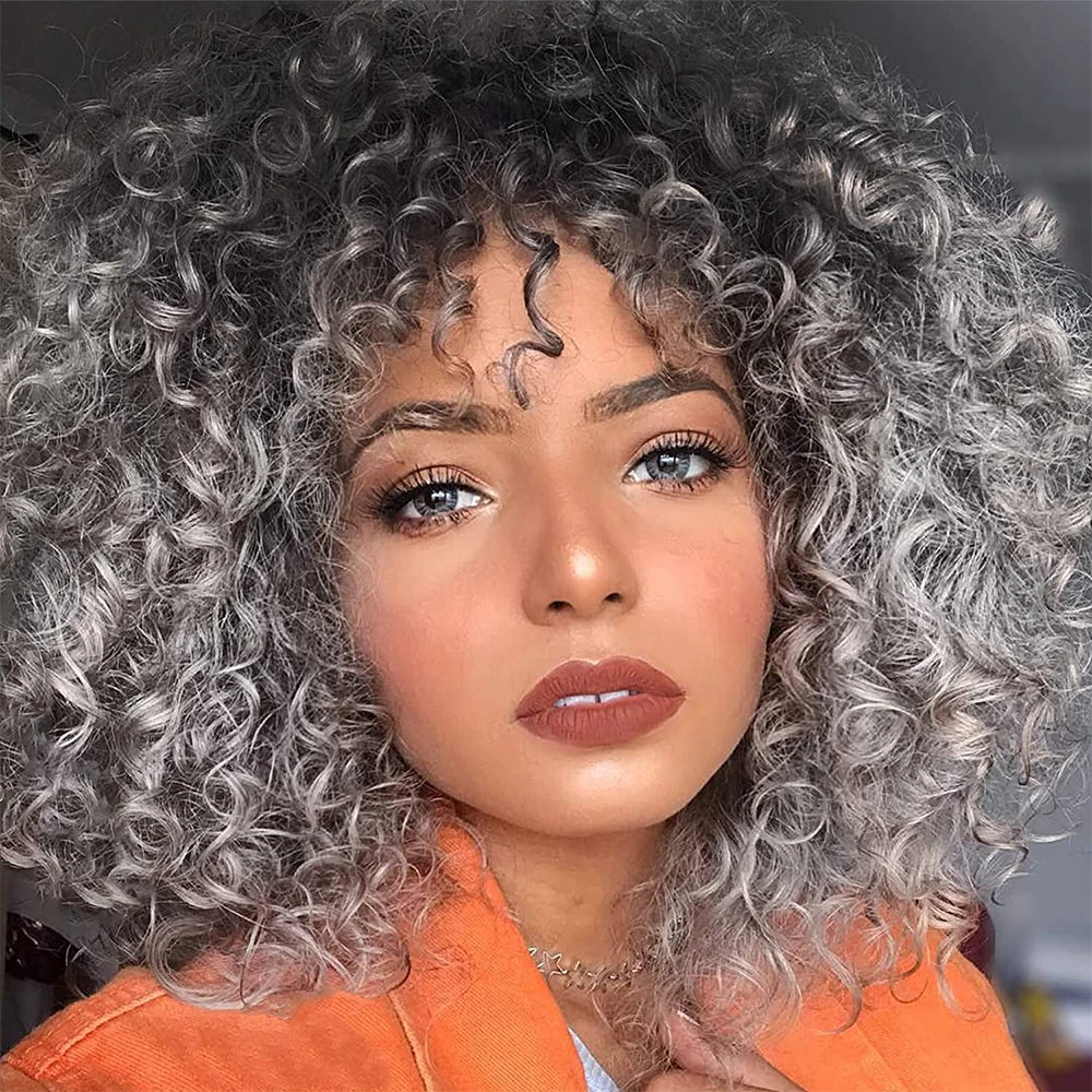 Perruque Synthétique Courte Afro Kinky Curly Avec Frange 180% 6 Teintes 14 Pouces – CLEVI Paris