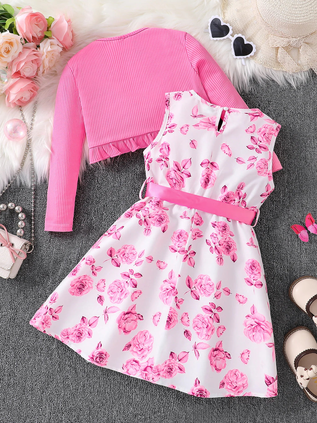 Ensemble fille rose haut et jupe fleurie – CLEVI Paris