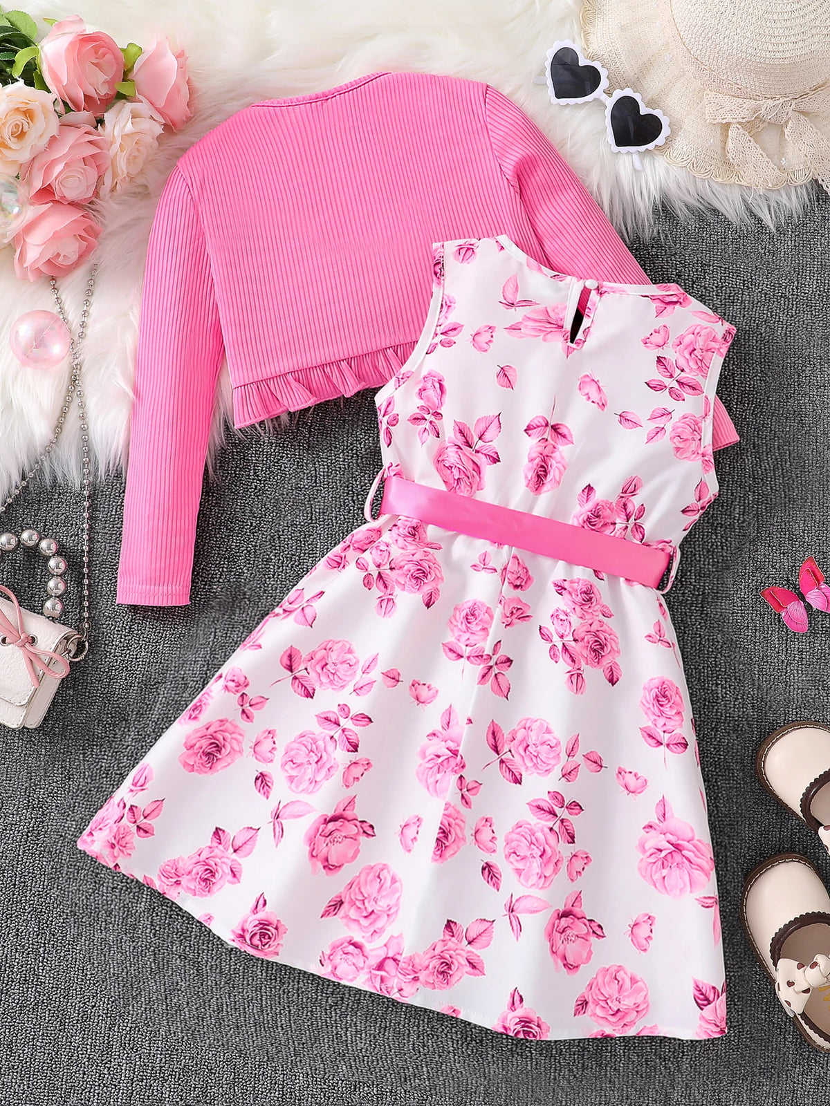 Ensemble fille rose haut et jupe fleurie – CLEVI Paris