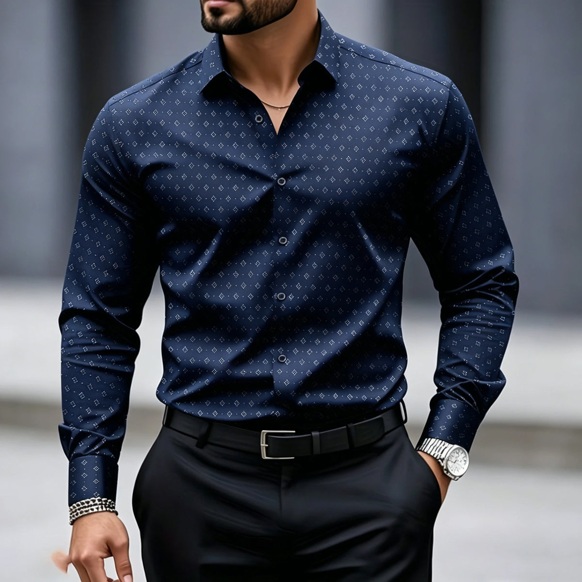 Chemise homme à pois géométriques à manches longues – CLEVI Paris