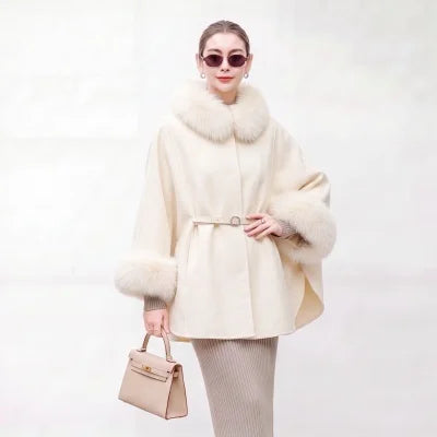 Manteau cape laine et col renard amovible – CLEVI Paris