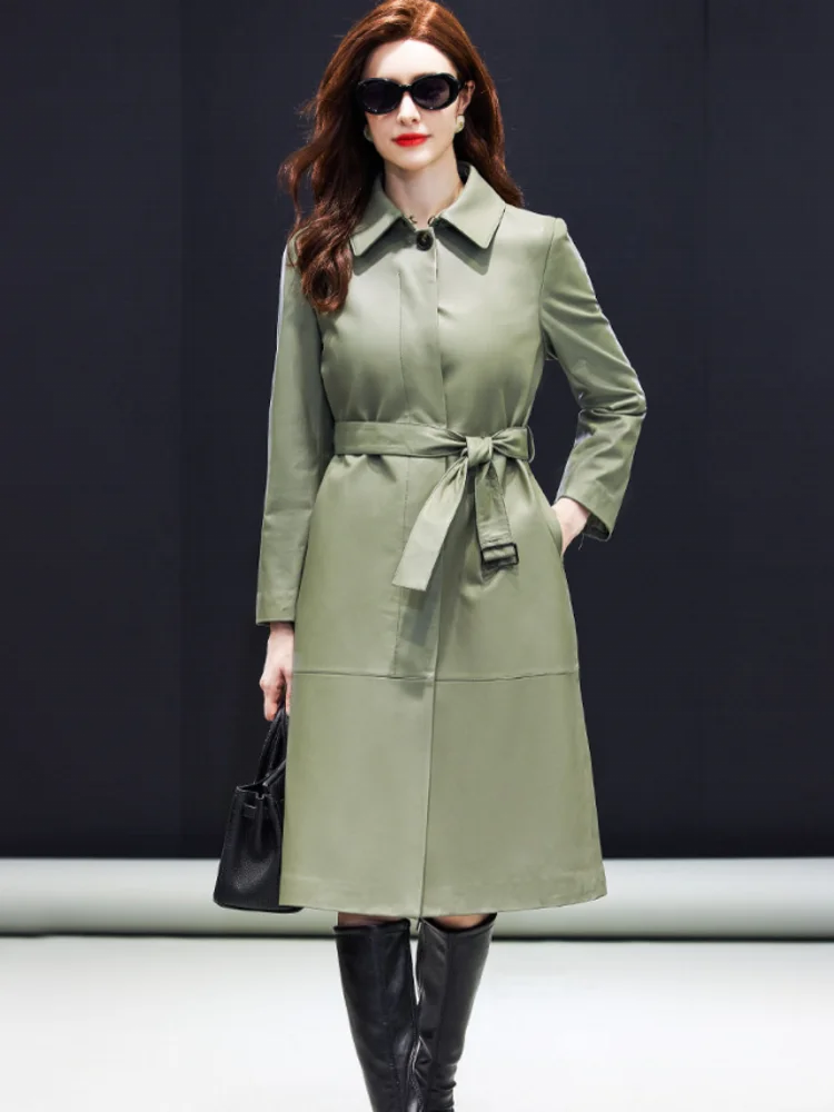 Manteau long femme cuir de mouton ceinturé – CLEVI Paris