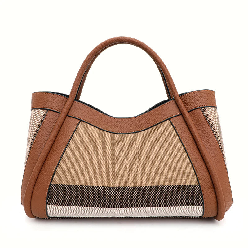 Tote Bag Toile & Cuir Femme Motif Carreaux Anses Larges – CLEVI Paris