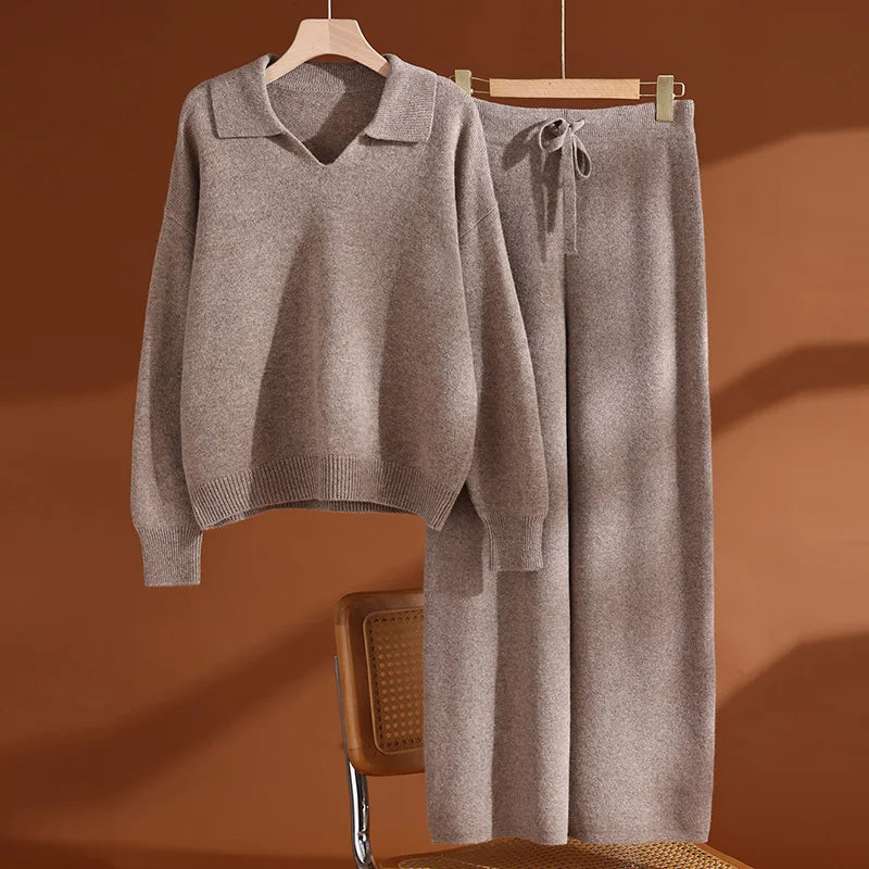 Ensemble laine femme, pull polo et pantalon – CLEVI Paris