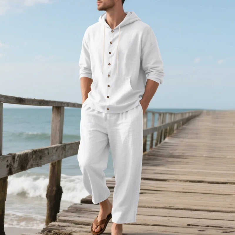 Ensemble Homme Chemise Lin Col V Manches 3/4 + Pantalon Cordon Casual Plage Été 8 Coloris – CLEVI Paris