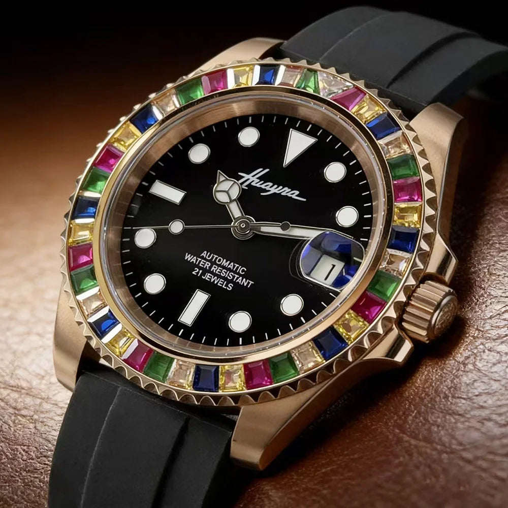 Montre Homme Automatique HUAYRA – Miyota 8215 Diamants Arc-en-Ciel Verre Saphir Bracelet Caoutchouc – CLEVI Paris