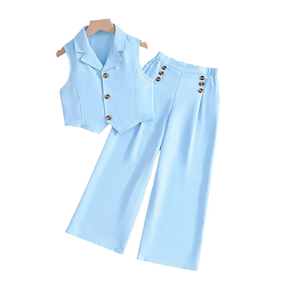 Ensemble fille gilet et pantalon bleu ciel – CLEVI Paris