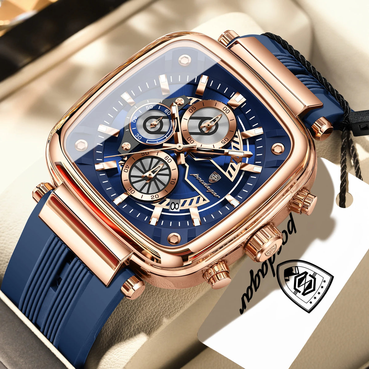 POEDAGAR 849 Montre Homme Quartz Carrée Chronographe Silicone Lumineux 30M – CLEVI Paris