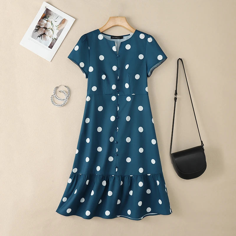 Robe Femme Col V Imprimé Pois Manches Courtes Mi-Mollet Élégante – CLEVI Paris