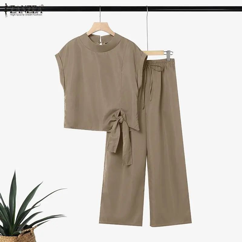Ensemble 2 Pièces Femme Blouse Col Montant Manches Courtes Lacée + Pantalon Large Taille Mi-Haute Cordon Poches Minimaliste Casual Vert Militaire Kaki Gris Foncé – CLEVI Paris