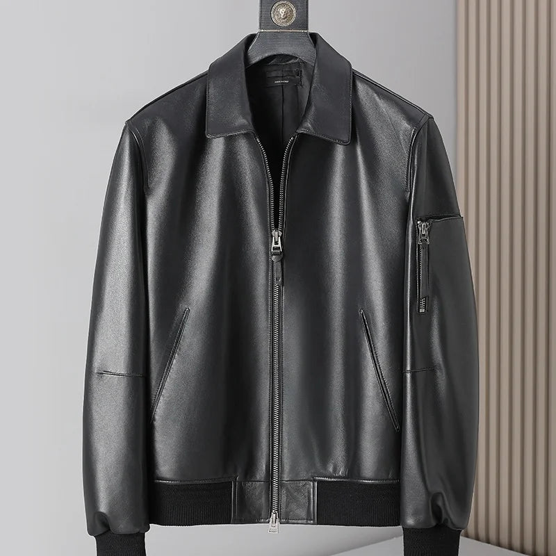 Veste homme en cuir à col rabattu zippée – CLEVI Paris
