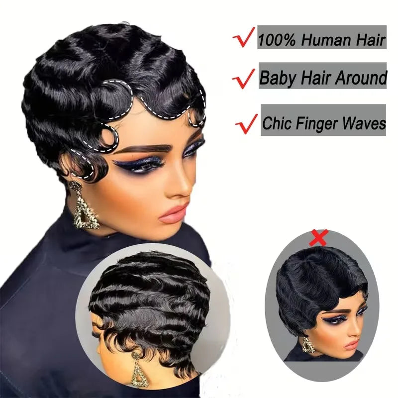 Perruque Pixie Cut Deep Ocean Wave Cheveux Humains Vierges Bonnet Rose Glueless 150% 6 Pouces – CLEVI Paris