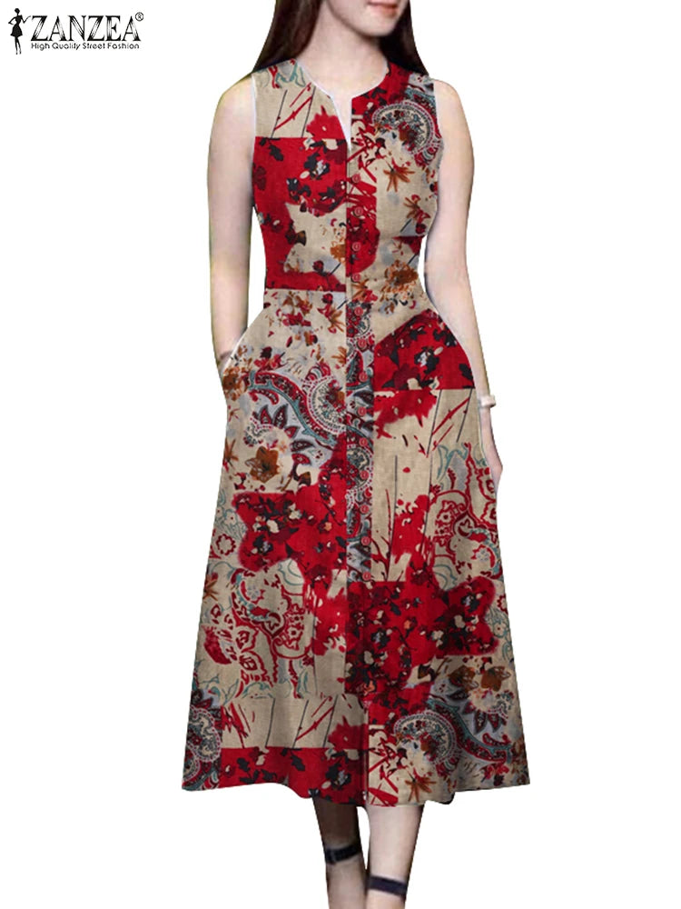 Robe Femme Sans Manches Col V Imprimé Coton Fente Poches Vintage Mi-Mollet – CLEVI Paris