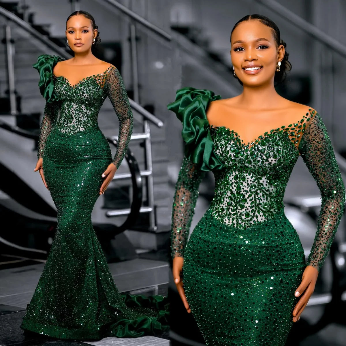 Robe de soirée sirène en dentelle, manches longues – CLEVI Paris