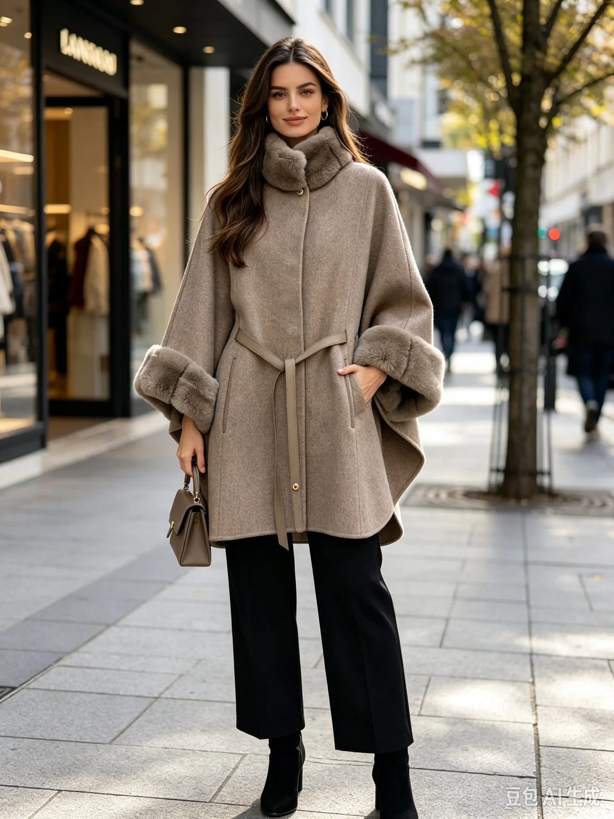 Manteau cape femme ceinturé à col fourrure – CLEVI Paris