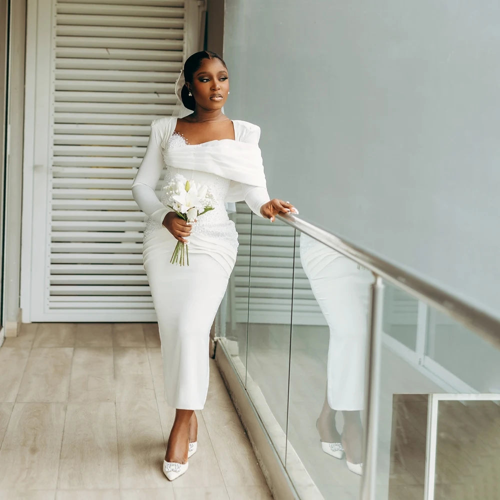 Robe de mariée civile manches longues perlée – CLEVI Paris