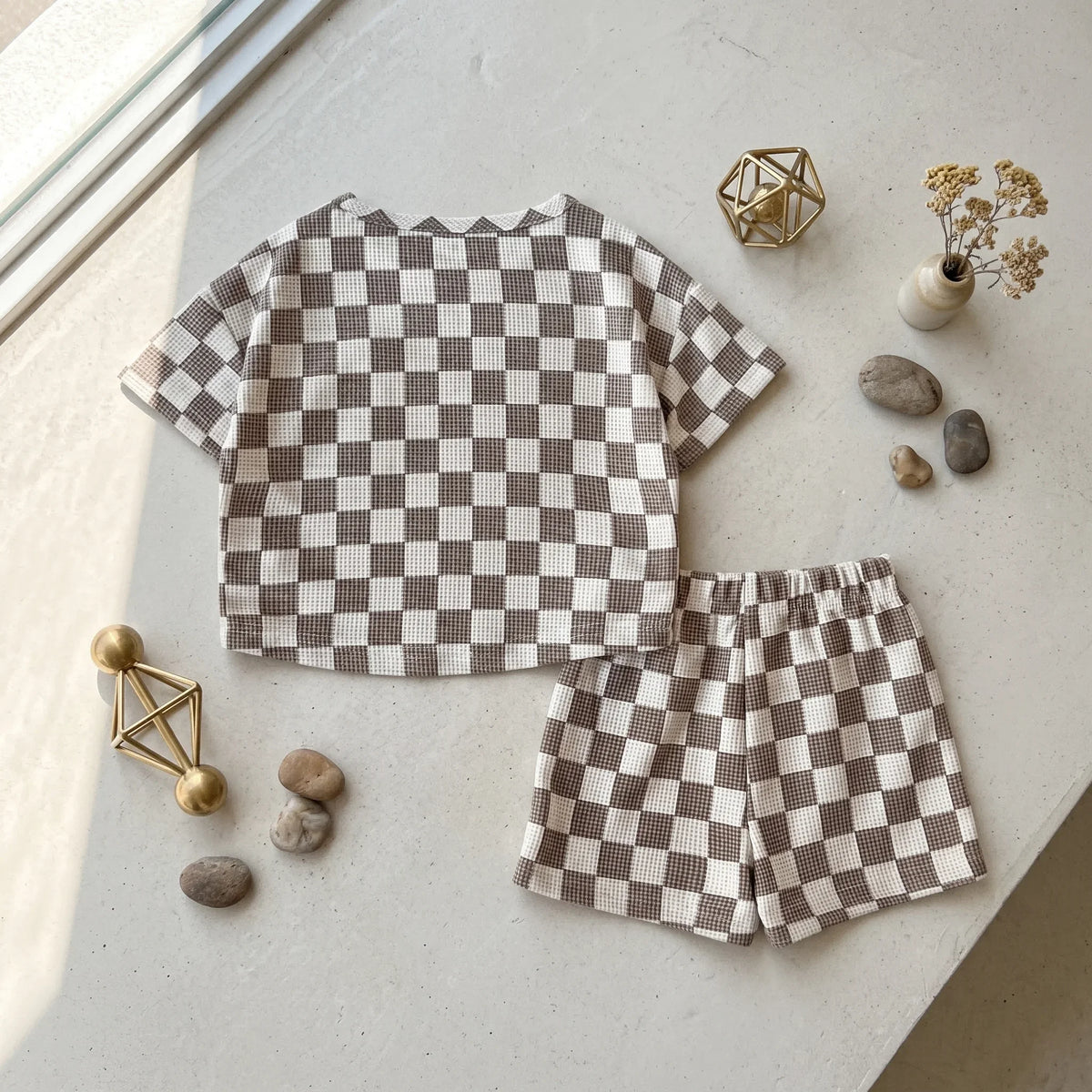 Ensemble bébé à carreaux kaki haut et short – CLEVI Paris