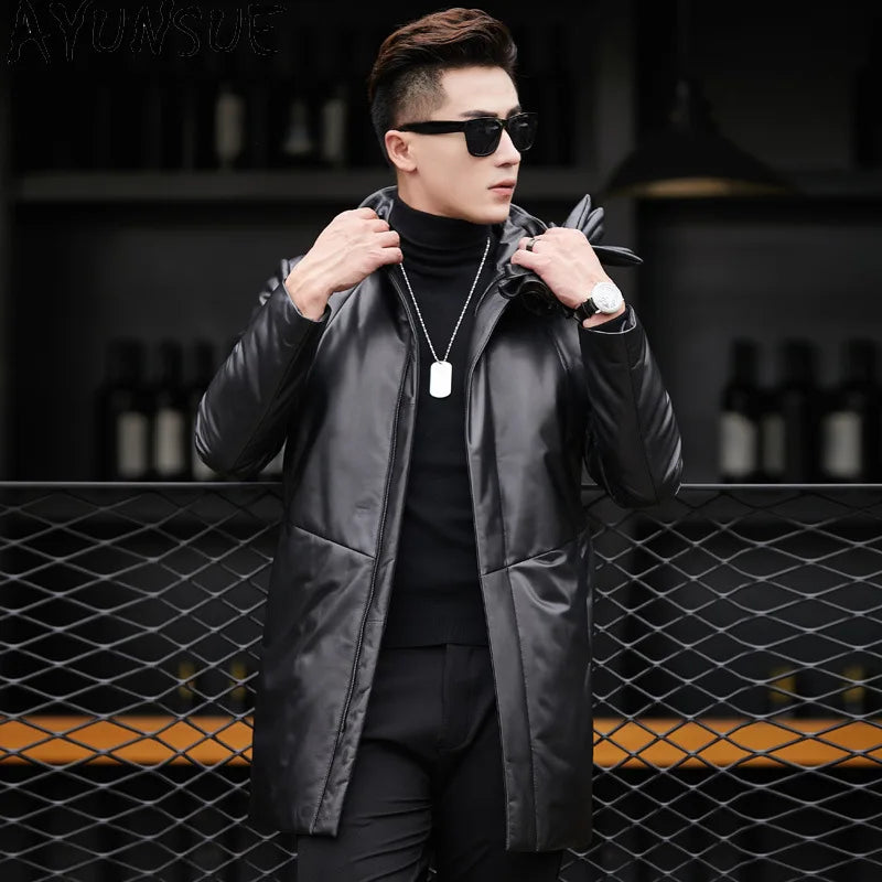 Manteau mi-long homme en cuir à capuche – CLEVI Paris