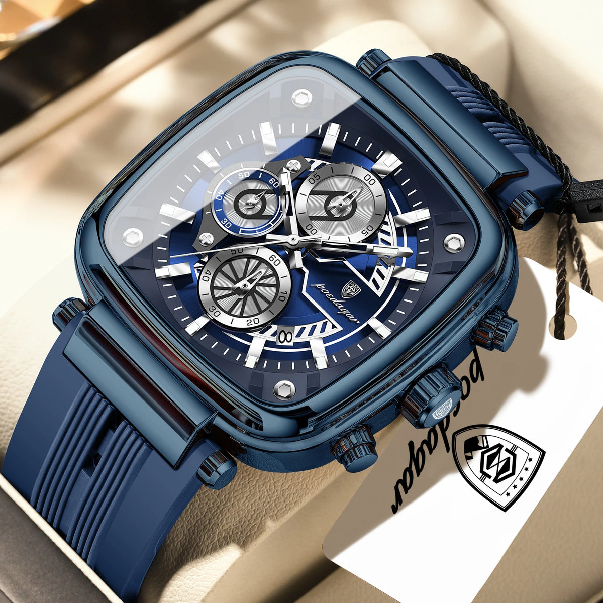 POEDAGAR 849 Montre Homme Quartz Carrée Chronographe Silicone Lumineux 30M – CLEVI Paris