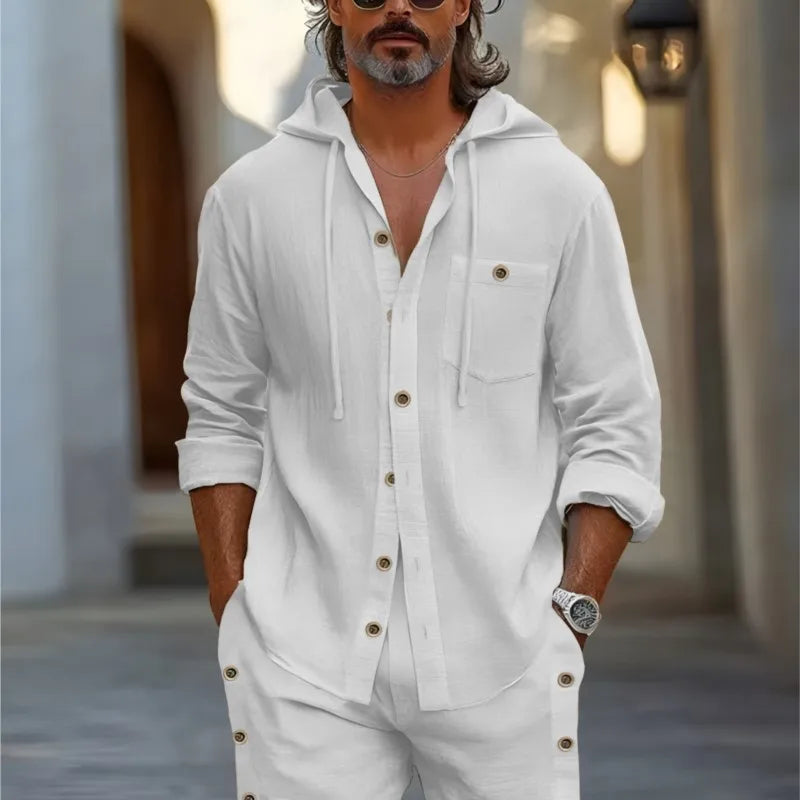 Ensemble 2 Pièces Homme Chemise Lin Manches Longues Boutonnée + Short Casual Été Style Hawaii – CLEVI Paris