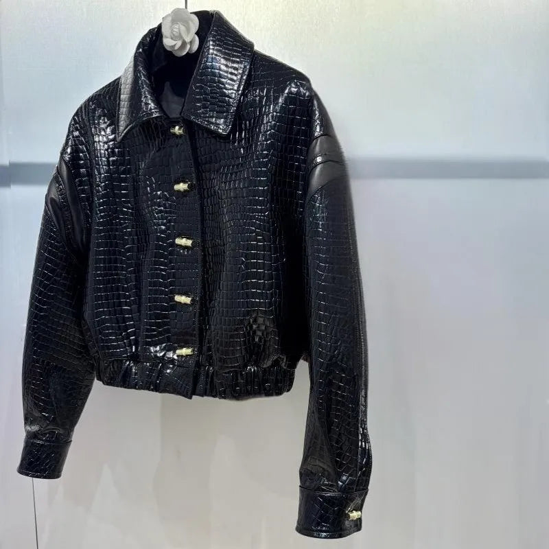 Veste courte femme en cuir effet crocodile – CLEVI Paris
