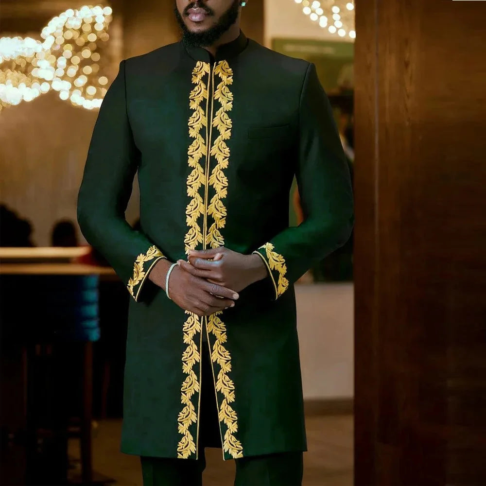 Kaftan Homme 2 Pièces Brodé Floral Col Mao Manches Longues + Pantalon Élastique Style Africain Mariage M-4XL – CLEVI Paris