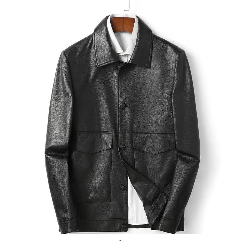 Veste homme en cuir noir boutonnée à rabats – CLEVI Paris