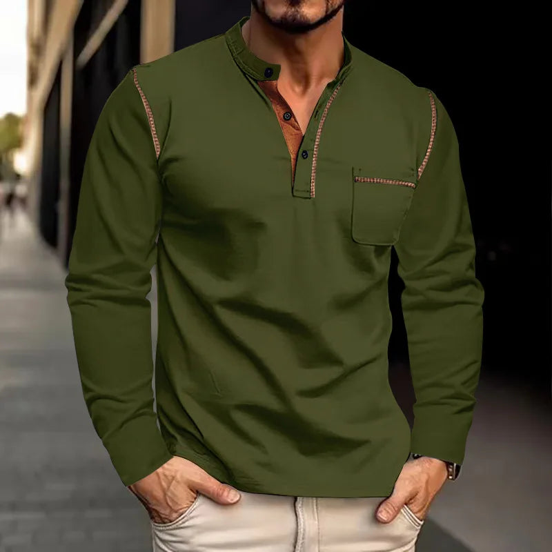 Chemise Homme Manches Longues Col Henley Poche Casual – CLEVI Paris