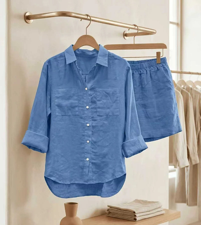 Ensemble femme chemise manches trois-quarts et short – CLEVI Paris