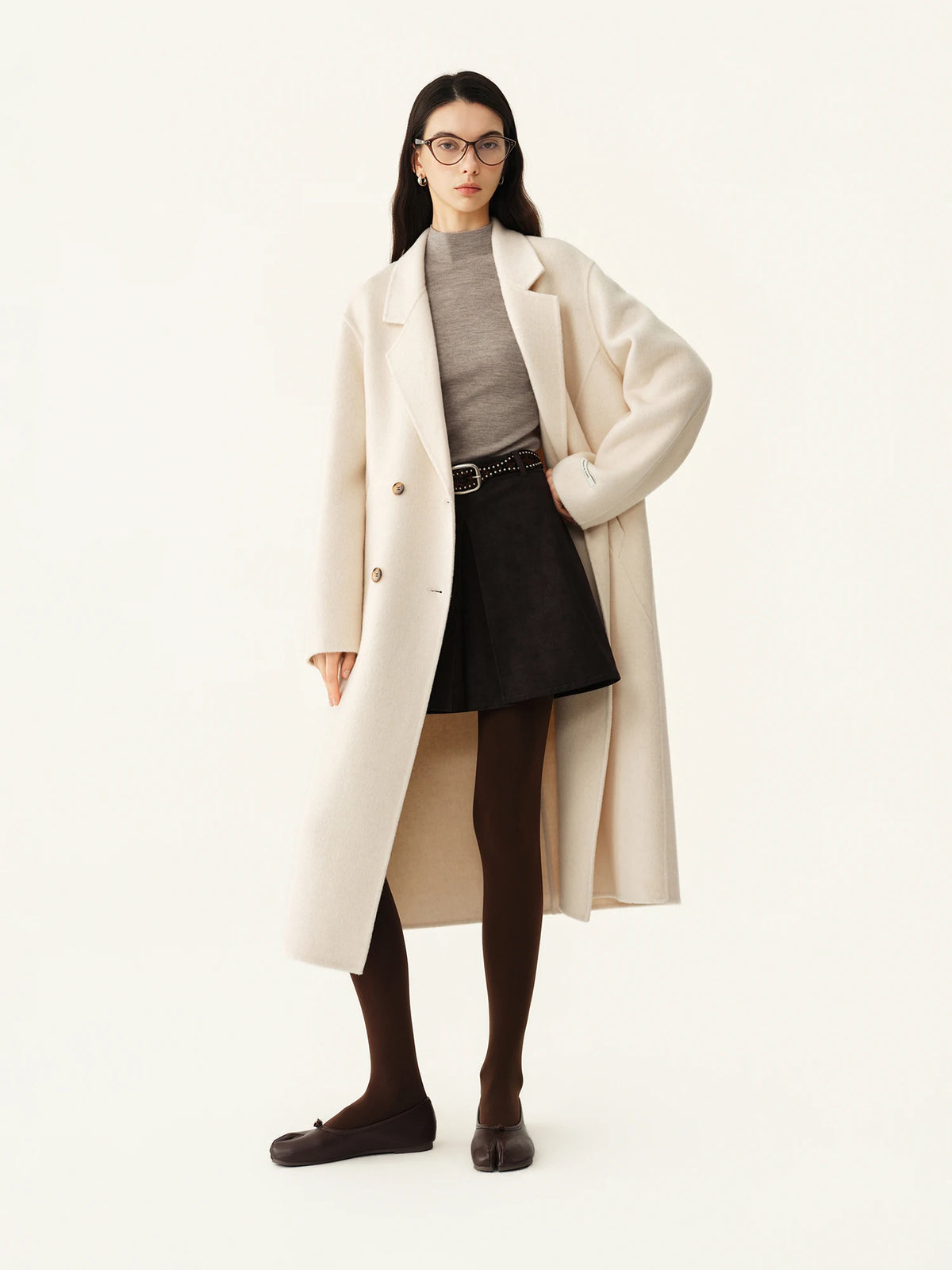 Manteau long croisé en laine et soie femme – CLEVI Paris