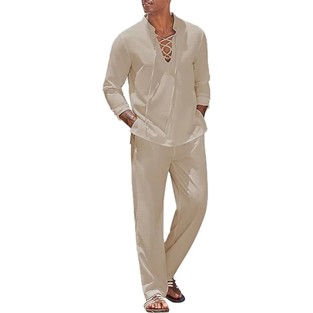 Ensemble Homme Chemise Col Mao Manches Longues + Pantalon Taille Élastique Coton Lin Plage Vacances – CLEVI Paris