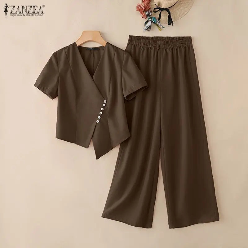 Ensemble 2 Pièces Femme Blouse Col V Manches Courtes Plissée + Pantalon Large Taille Mi-Haute Élastique OL Casual 3 Coloris – CLEVI Paris