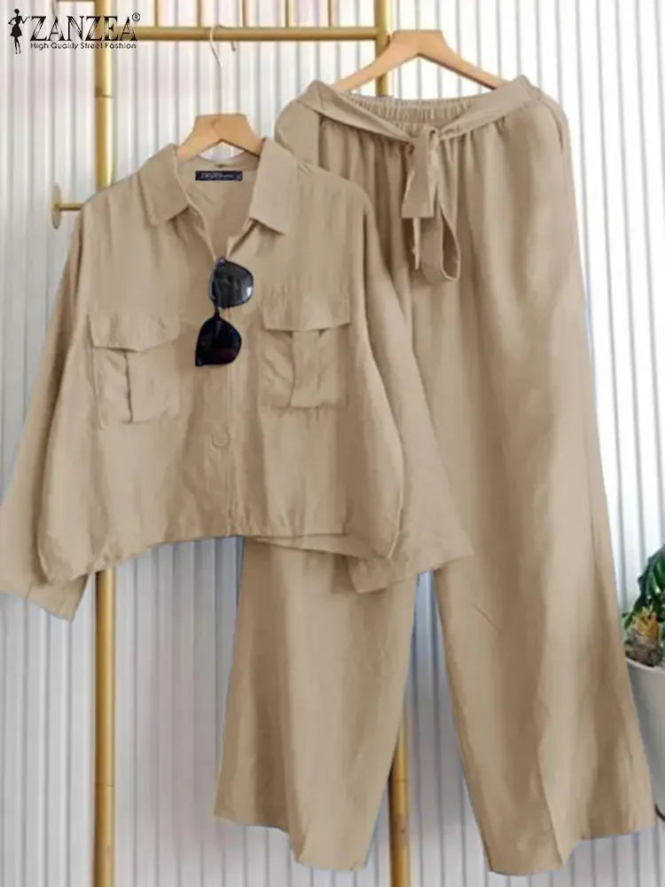 Ensemble 2 Pièces Femme Chemise Col Rabattu Manches Longues Boutonnée Ceinture + Pantalon Large Taille Mi-Haute Élastique Poches Casual Workwear 3 Coloris – CLEVI Paris
