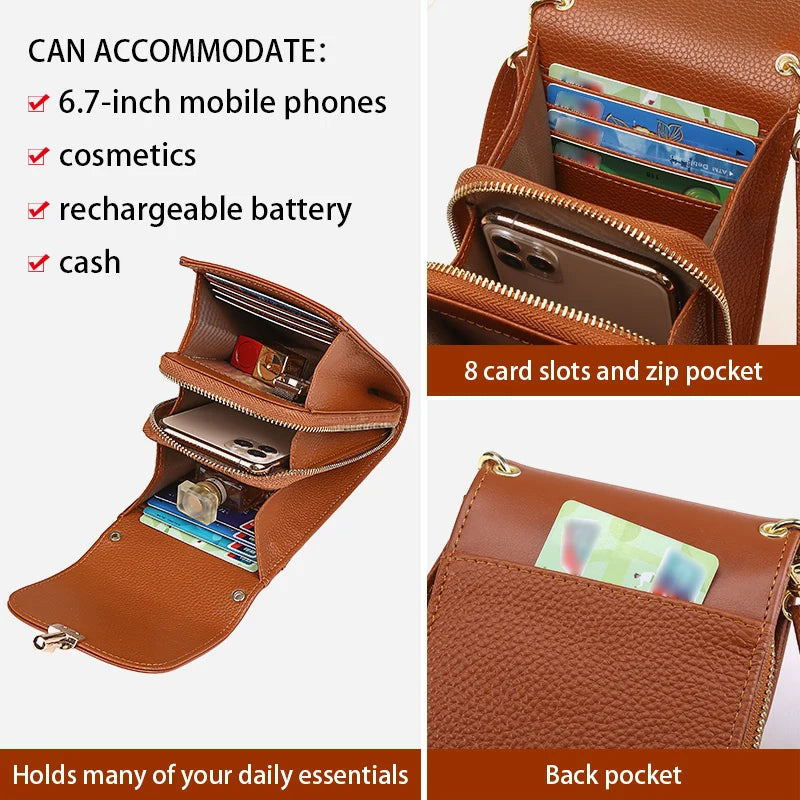 Mini Sac Téléphone Femme Cuir Véritable Motif Litchi 8 Cartes Poche Zipée 4 Coloris – CLEVI Paris
