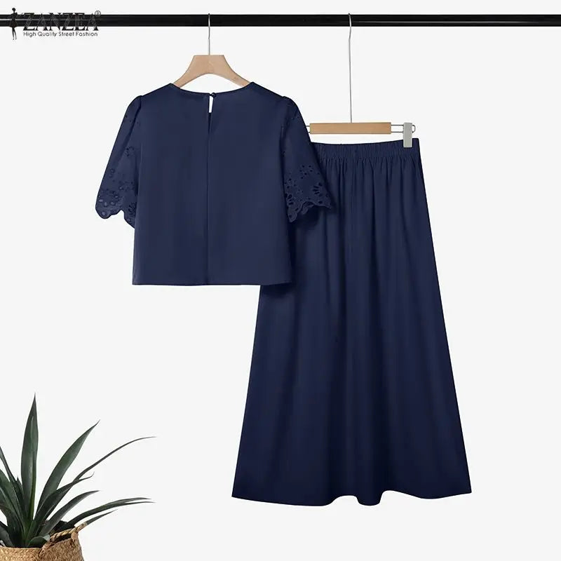 Ensemble 2 Pièces Femme Top Brodé Ajouré Manches Courtes Jupe Longue A-Line Style Bohème Été – CLEVI Paris