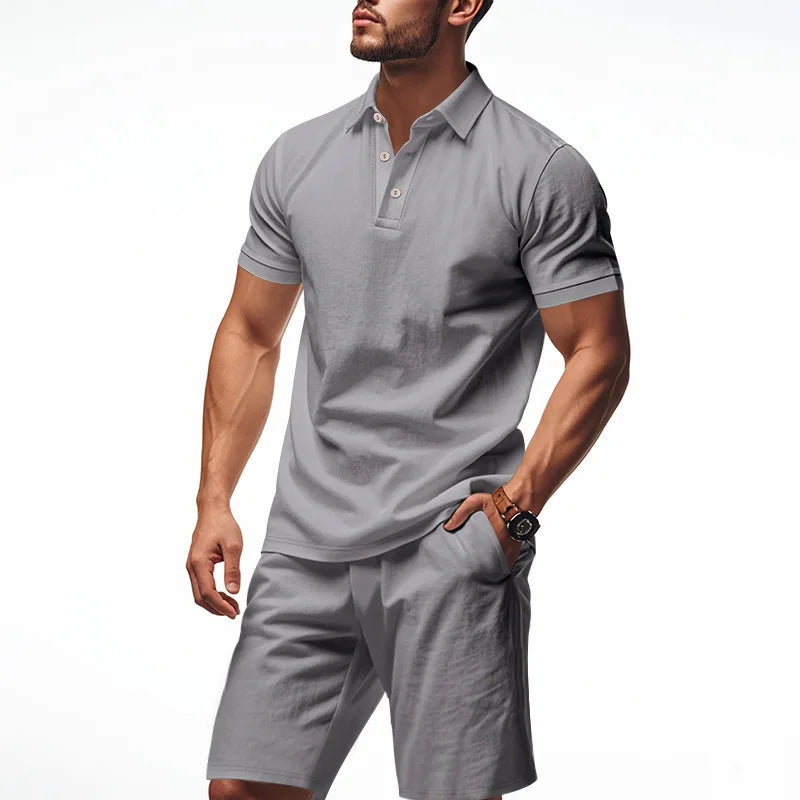 Ensemble 2 Pièces Homme Lin Chemise Polo Manches Courtes + Short Plage Casual Été – CLEVI Paris
