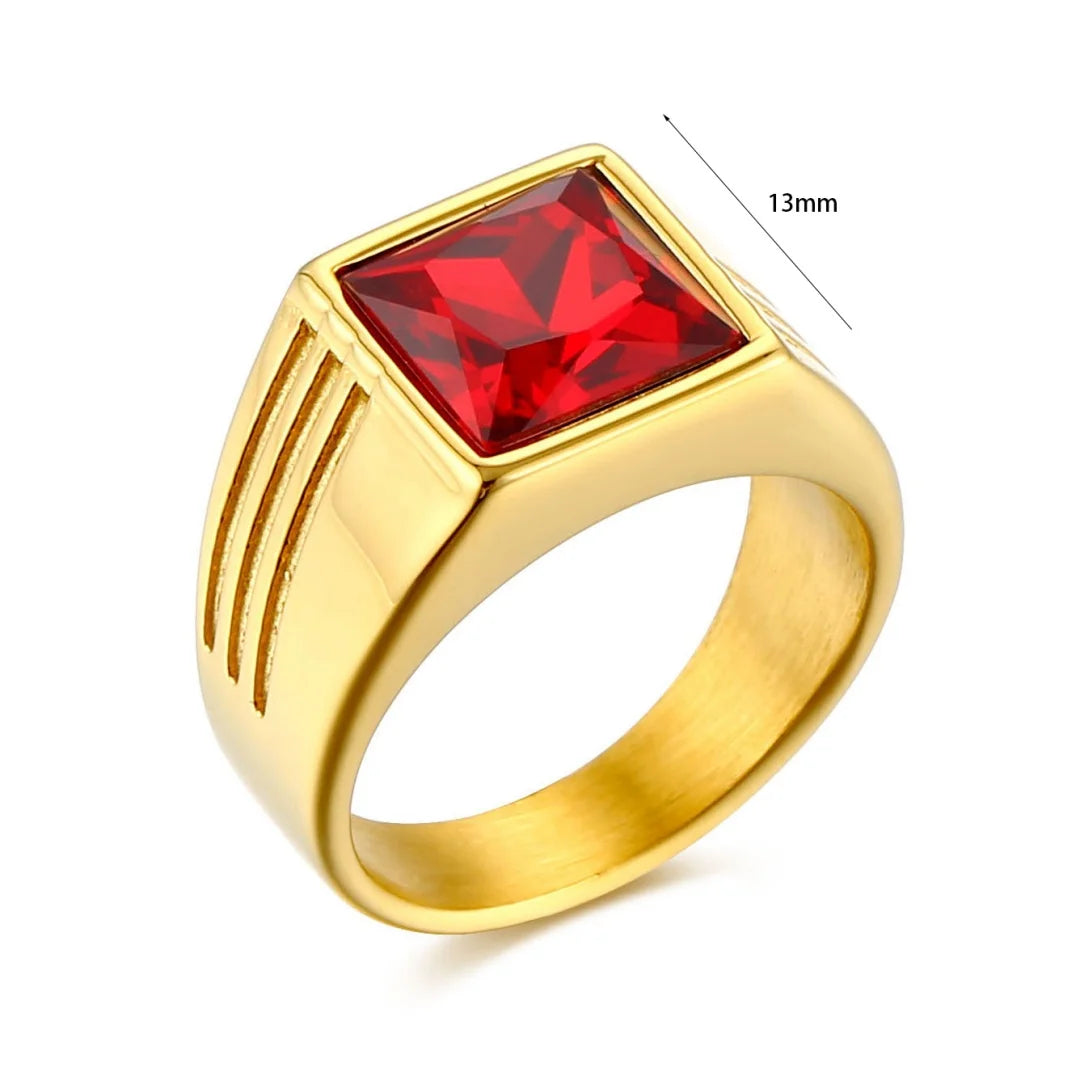 Bague carrée homme en acier et zircon rouge – CLEVI Paris