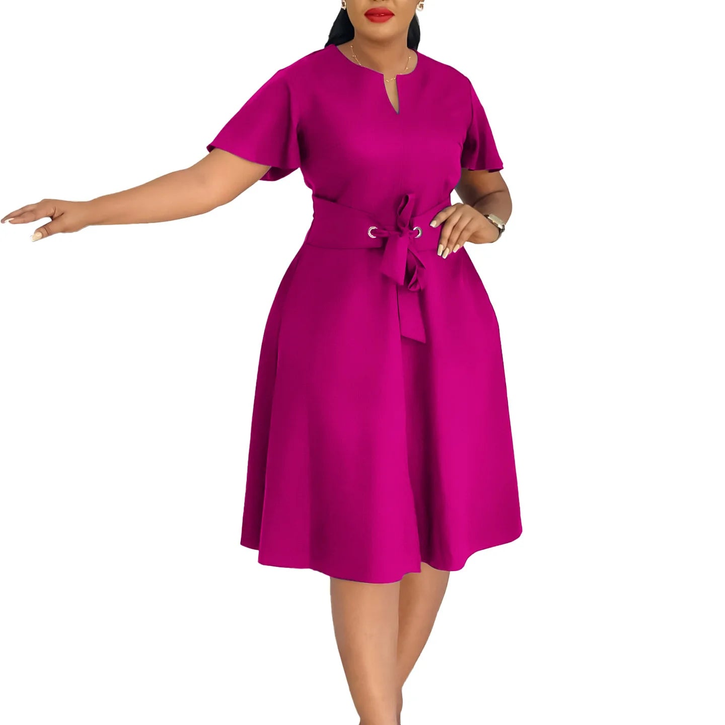 Robe Femme Grande Taille Col V Manches Courtes Mi-Mollet Élégante – CLEVI Paris